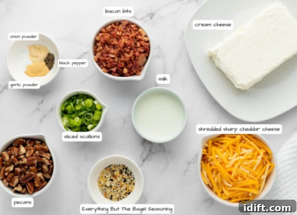 Pecan Bacon Cheeseball ingredients with labels.