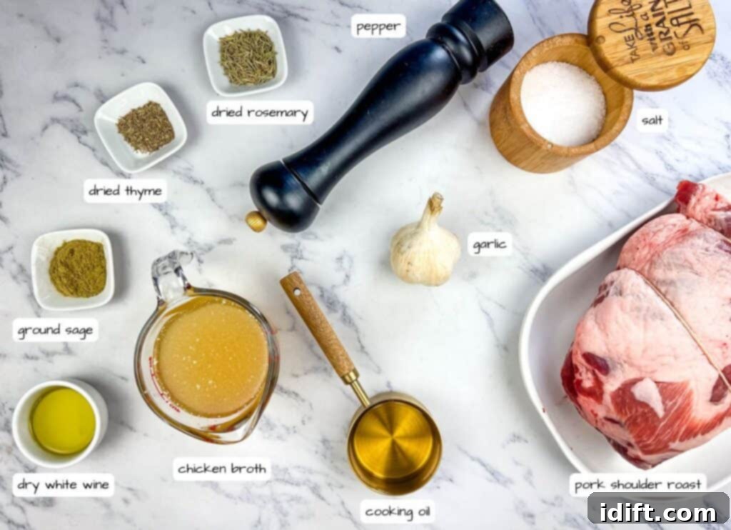 Slow Cooker Herb-Crusted Pork Roast ingredients with labels.