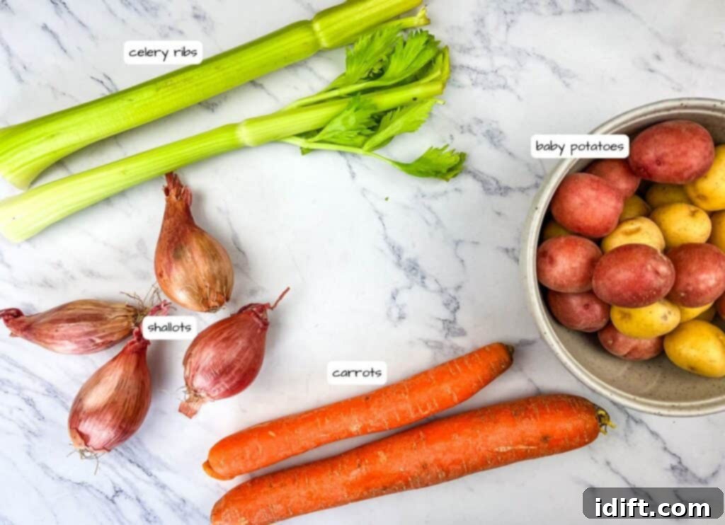 Slow Cooker Herb-Crusted Pork Roast vegetables ingredients with labels.