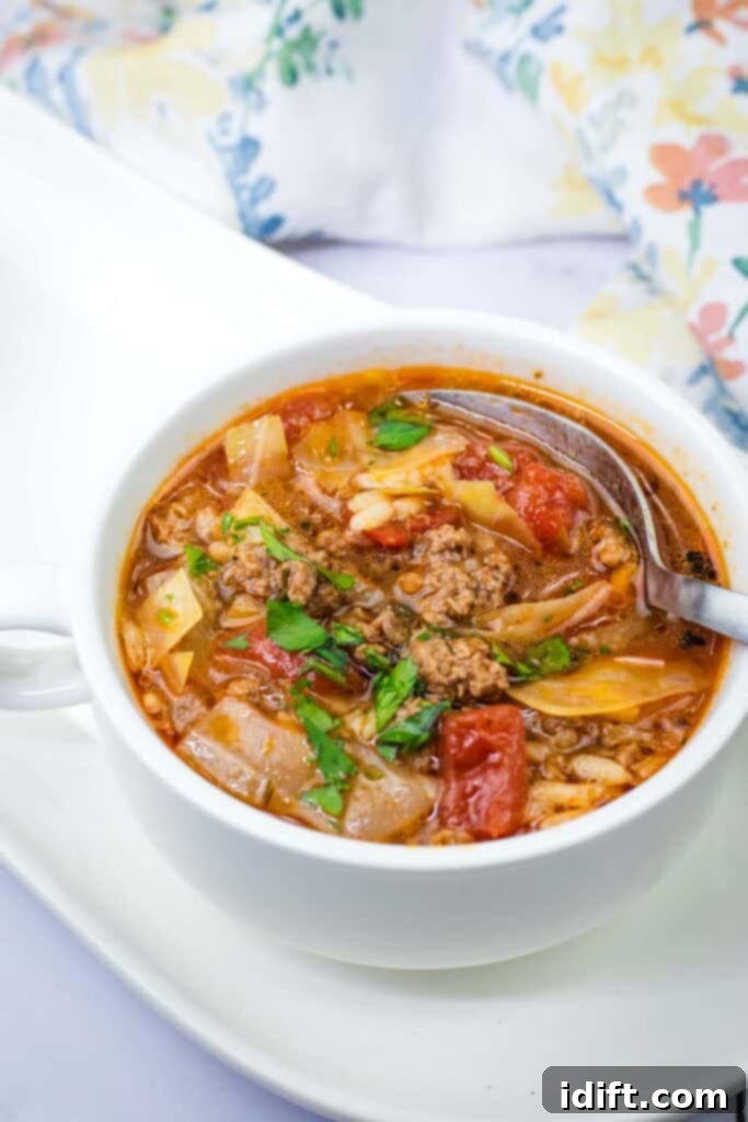 Unstuffed Cabbage Soup 2 A spoon getting small amount of Cabbage roll soup in a white bowl.