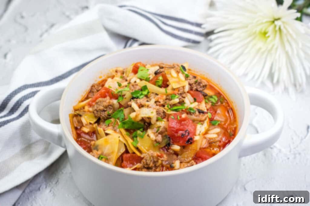 Unstuffed Cabbage Soup 10 A delicious cabbage roll soup in a white bowl.