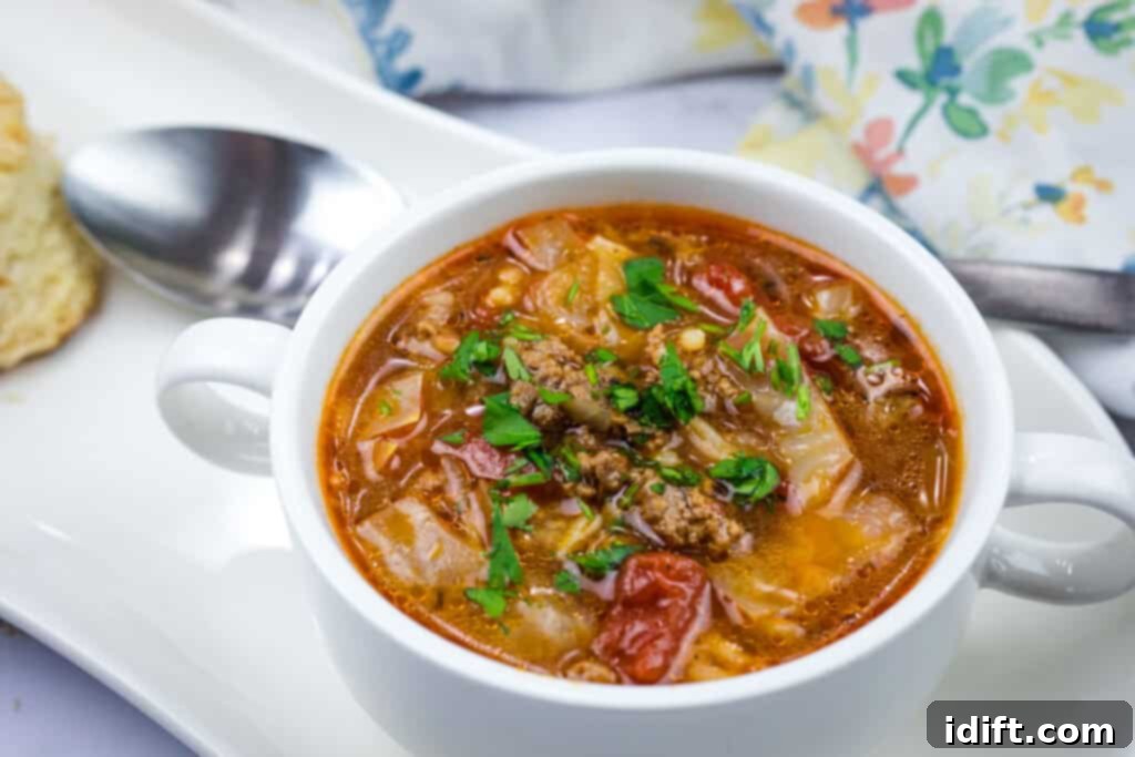 Unstuffed Cabbage Soup 3 A delicious bowl of Cabbage Roll Soup with fresh herbs.