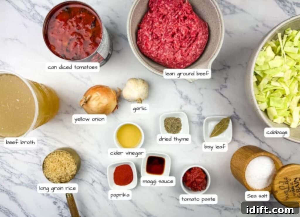 Unstuffed Cabbage Soup 4 Cabbage roll soup ingredients with label.