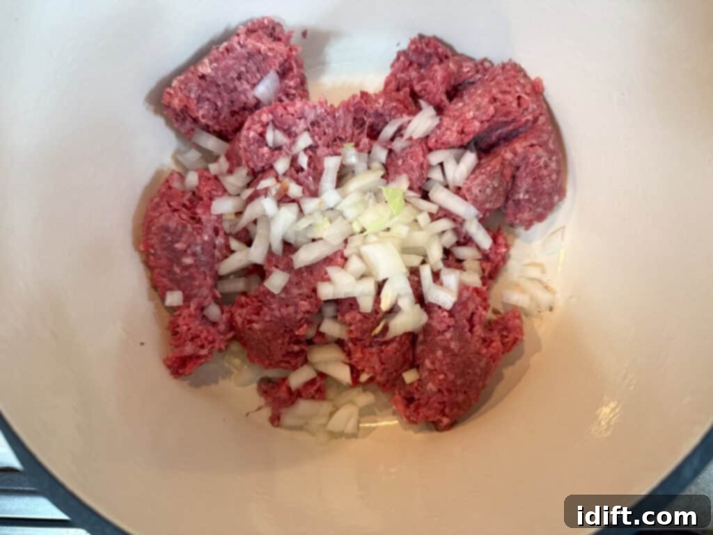 Unstuffed Cabbage Soup 6 A bowl of ground beef mixed with chopped onions, ready for cooking.