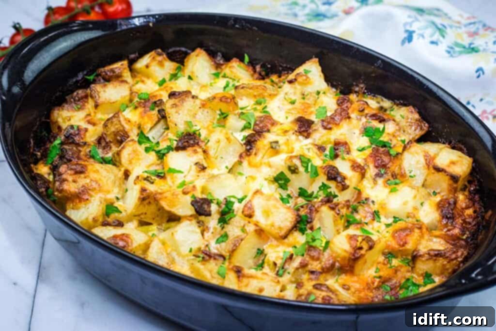 A generously sized casserole dish filled with golden-brown Mississippi Mud Potatoes, ready to be served.