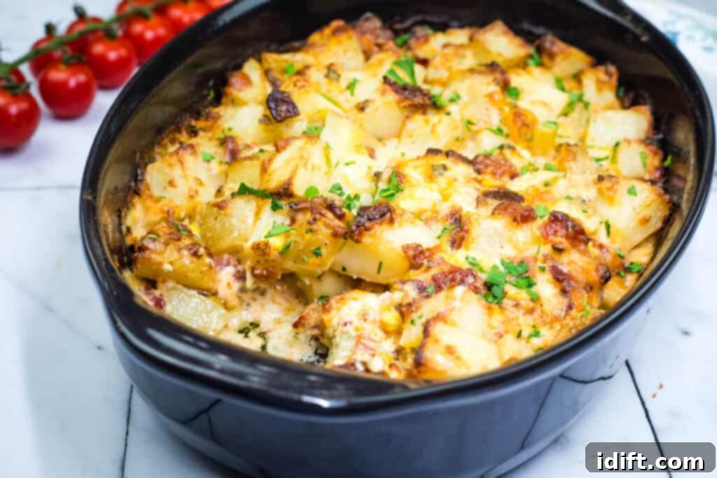 Golden brown Mississippi Mud Potatoes with crispy bacon on top, served in a rustic black casserole dish.