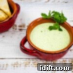 Zesty Jalapeño Cloud 8 Homemade creamy jalapeno dip in a rustic red bowl, with a scattering of tortilla chips in the background.