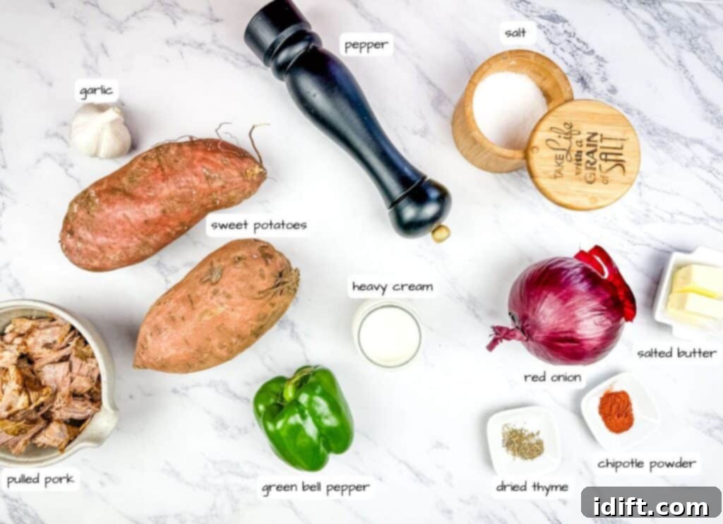 Sweet Potato Hash with Pulled Pork & Chipotle Butter ingredients with labels.