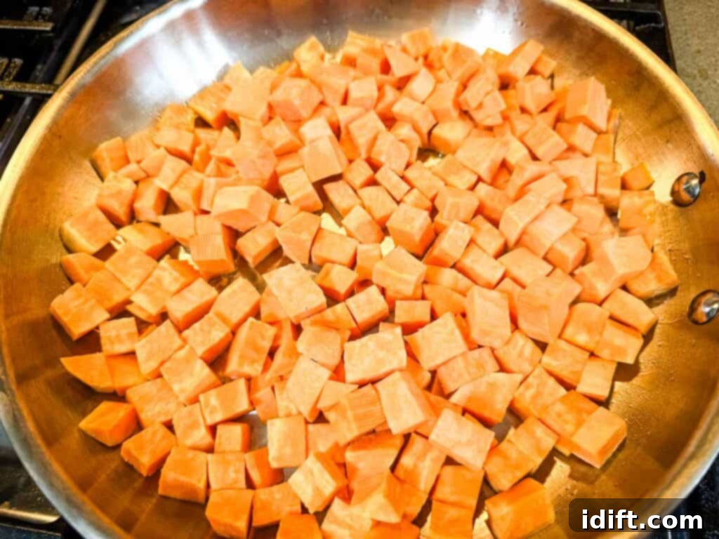A pan filled with cubed sweet potatoes.