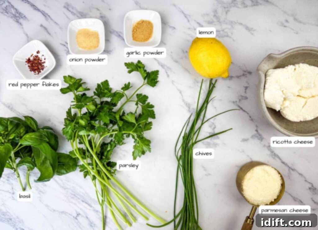 Cloud-Like Ricotta Meatballs with Rich Tomato Sauce 4 Fresh ingredients for Ricotta Meatballs arranged on a rustic wooden table with labels, showcasing ricotta cheese, ground beef, herbs, and spices.