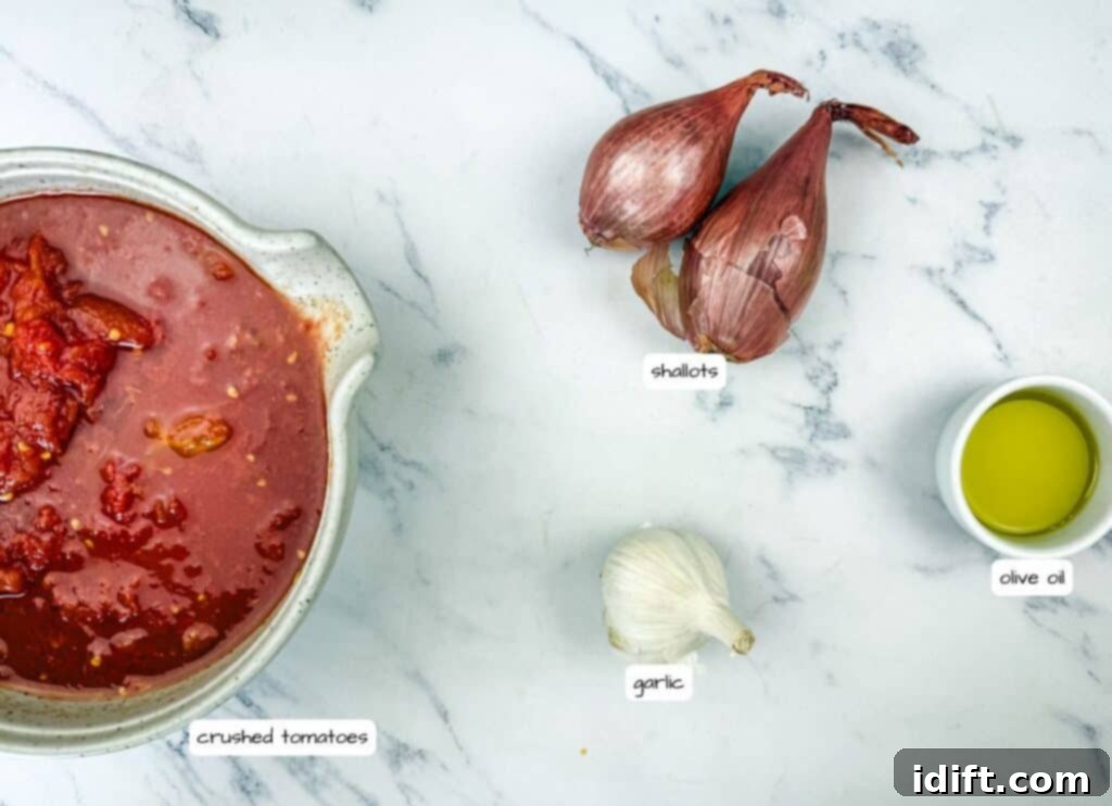 Cloud-Like Ricotta Meatballs with Rich Tomato Sauce 5 Fresh ingredients for the rich tomato sauce, including olive oil, shallots, and crushed tomatoes, neatly arranged on a table with labels.