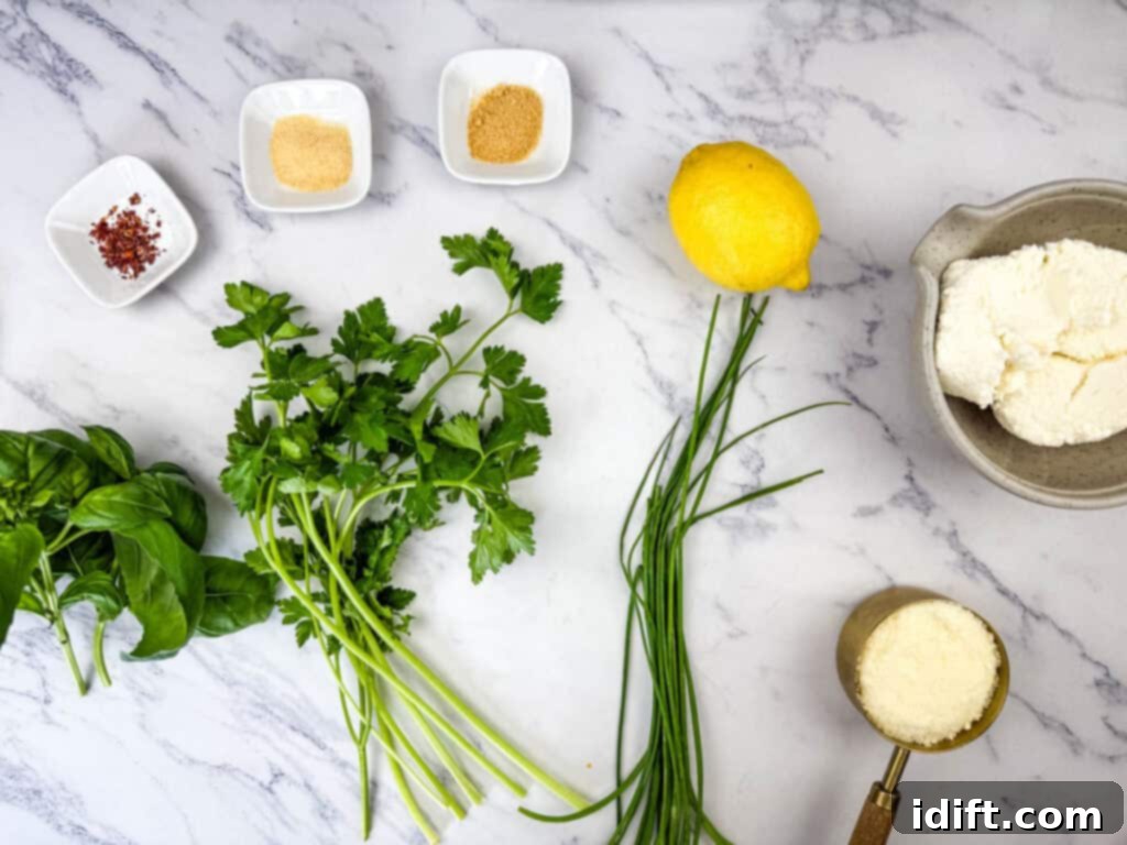 Cloud-Like Ricotta Meatballs with Rich Tomato Sauce 6 Various fresh ingredients for Ricotta Meatballs laid out on a clean white surface, ready for preparation.