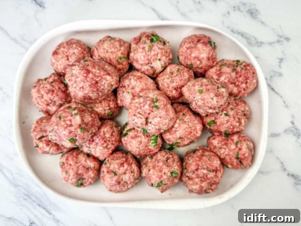 Cloud-Like Ricotta Meatballs with Rich Tomato Sauce 9 A plate of uniformly sized, perfectly rounded meatballs, ready for cooking.