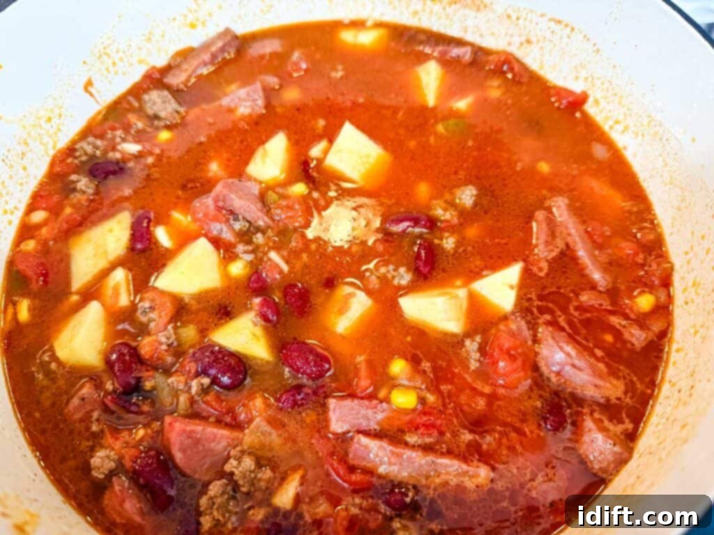 Robust Texas Campfire Stew 8 Add the potatoes, kidney beans, corn, and tomatoes.