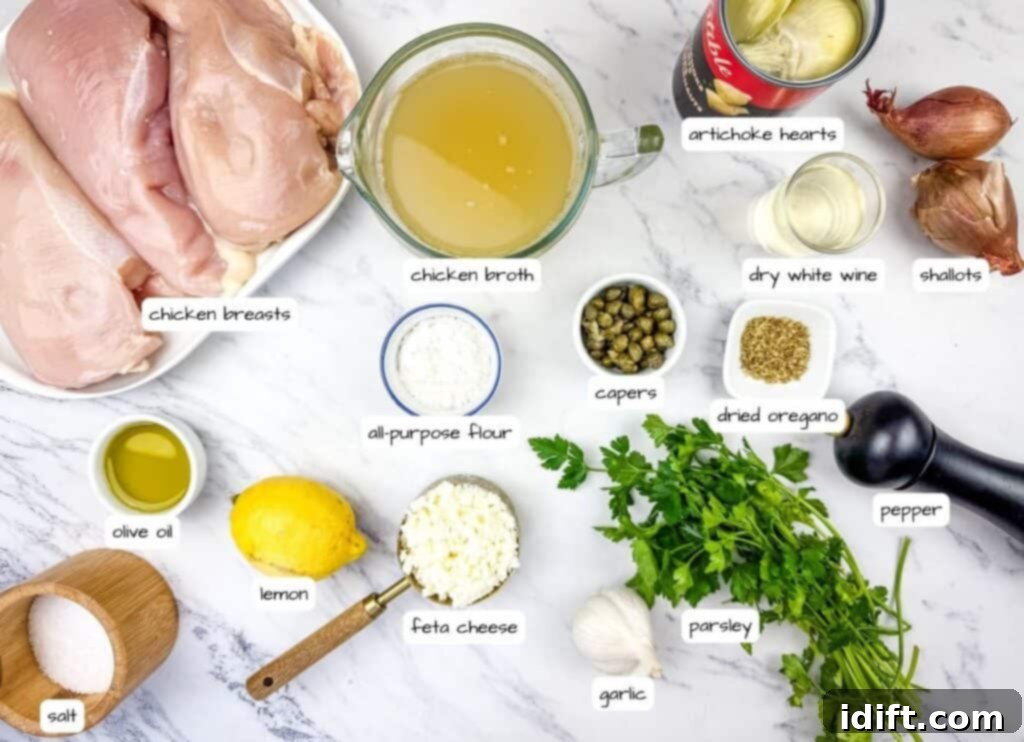 A collection of fresh and canned ingredients meticulously arranged on a sophisticated marble surface, featuring raw chicken breasts, chicken broth, artichoke hearts, dry white wine, shallots, capers, dried oregano, olive oil, fresh lemon, crumbled feta cheese, fresh parsley, garlic cloves, salt, and pepper.