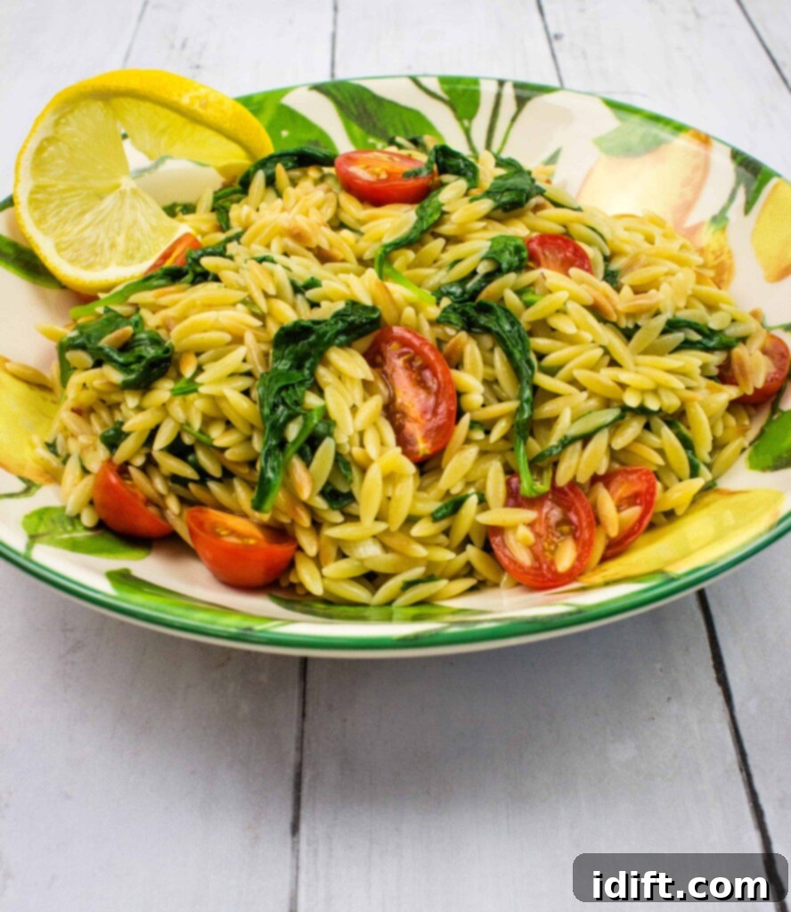 Velvety Spinach and Tomato Orzo 3 Close-up shot of creamy spinach orzo with glistening cherry tomatoes, ready to be served.