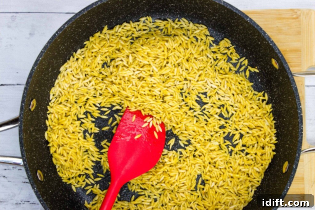 Velvety Spinach and Tomato Orzo 9 Toasted orzo pasta in the skillet, having achieved a perfect golden-brown color, ready for liquid.