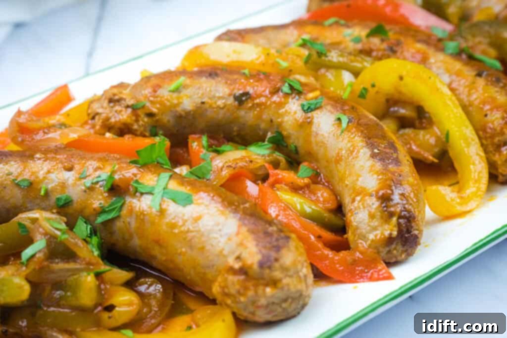 Close-up of cooked sausages mixed with sliced red and yellow bell peppers, garnished with chopped herbs on a white plate, ready to be served.