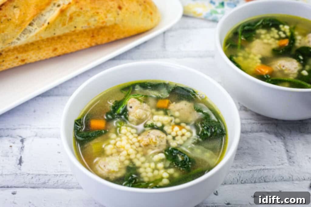 Two bowls of Italian Wedding Soup beside the plate of bread.
