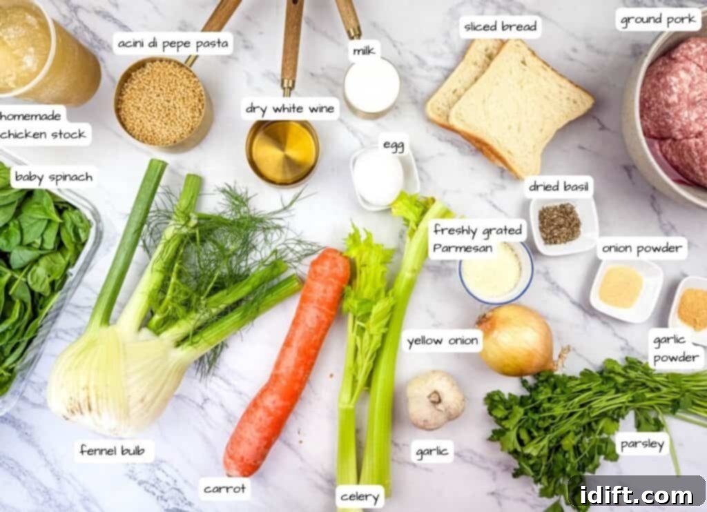 Italian Wedding Soup ingredients labeled.