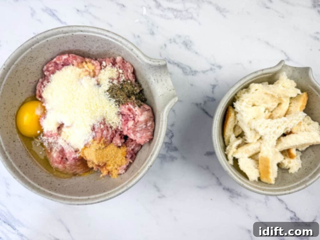Bread and meatball mixture in two different bowls.