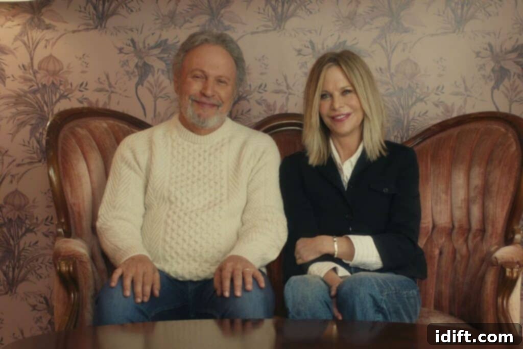 Billy Crystal and Meg Ryan sitting on a couch.
