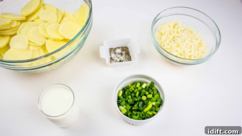 prepped ingredients to make au gratin potatoes gruyere