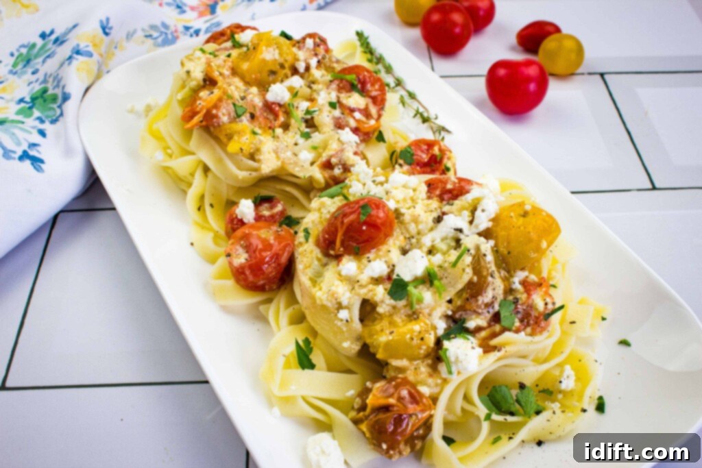 A close-up shot of freshly baked feta pasta, with cherry tomatoes and herbs mixed into the creamy sauce, served in a rustic dish.
