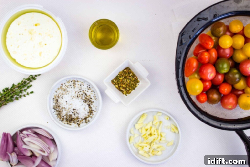 prepped ingredients to make baked feta pasta