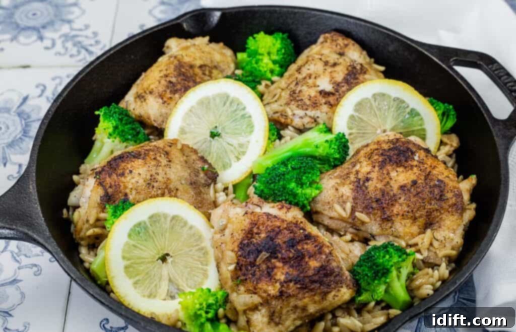Golden-browned lemon chicken thighs served over tender orzo pasta with vibrant broccoli florets, garnished with fresh lemon slices in a rustic cast-iron skillet, highlighting the delicious textures and colors.