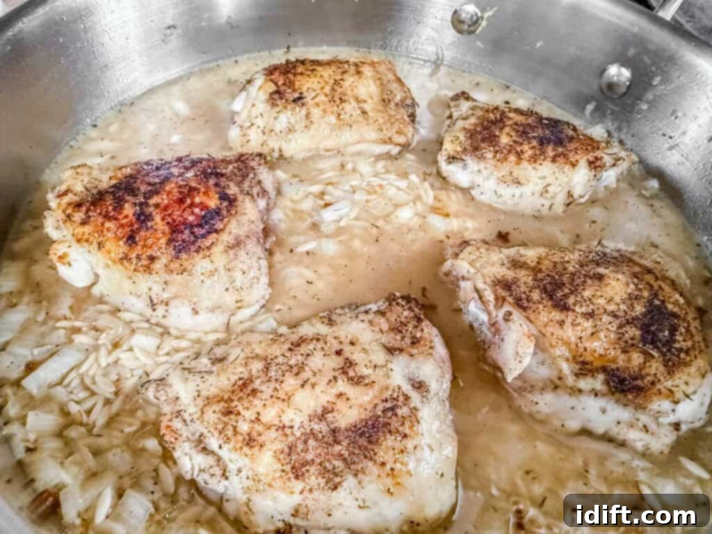 Seared chicken thighs simmering in a flavorful broth with orzo pasta and onions in a stainless steel skillet, with the liquid reduced.
