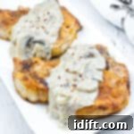 Two Smothered Pork Chops with Onions & Mushrooms on a white plate. Cherry tomatoes and a napkin with a silver holder are in the background.