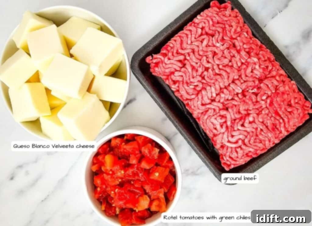 Bowls of precisely cubed Queso Blanco Velveeta cheese, a can of thoroughly drained Rotel tomatoes with green chiles, and a tray of uncooked lean ground beef are meticulously arranged on a clean marble surface, showcasing all the necessary ingredients ready for the Queso Blanco Rotel Dip preparation.