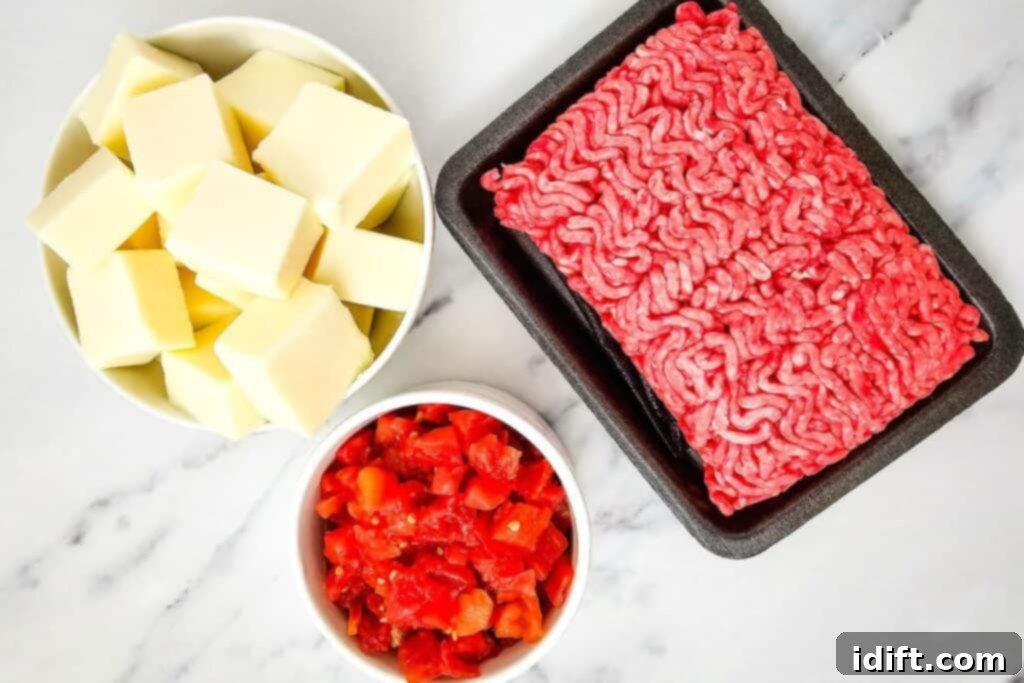 A visual display of raw ground beef on a tray, a white bowl filled with precisely cut Velveeta Queso Blanco cheese cubes, and a small bowl of diced Rotel tomatoes with green chiles on a sleek marble surface, showcasing all the necessary ingredients for the dip.