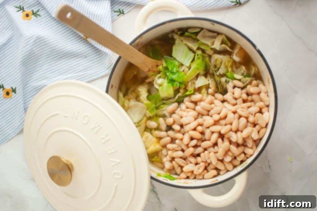 A cozy pot of simmering soup, brimming with plump white beans and tender cabbage, with its lid slightly ajar, steam gently rising, hinting at the rich flavors developing within.
