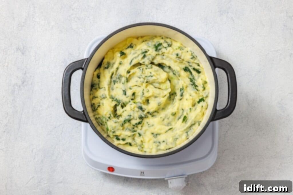 Creamy mashed potatoes with green herbs in a black pot on a white electric hob.
