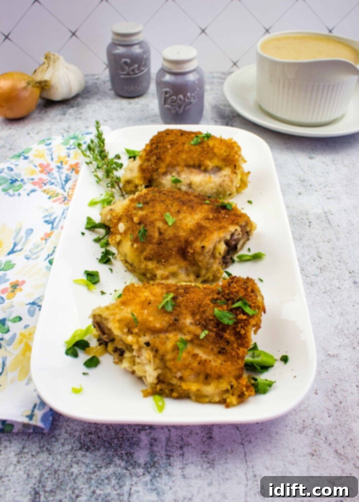Oven baked chicken thighs arranged beautifully on a serving platter, with a bowl of homemade creamy onion gravy in the background, ready to be enjoyed.