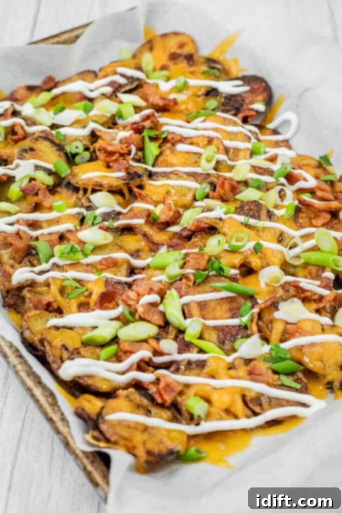 A tray of loaded Irish nachos topped with melted cheese, bacon, sliced green onions, and drizzled with sour cream, ready to be served.