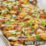 A tray of loaded Irish nachos topped with melted cheese, bacon, sliced green onions, and drizzled with sour cream.