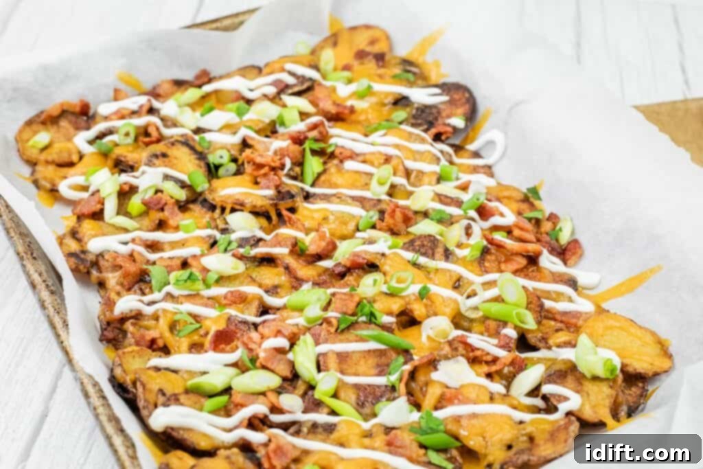 A tray of loaded Irish nachos topped with melted cheese, green onions, bacon, and drizzled with sour cream.