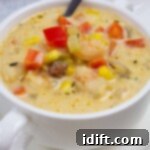 Smoky Chipotle Shrimp and Corn Chowder 7 Shrimp and corn chowder with chipotle in a soup bowl
