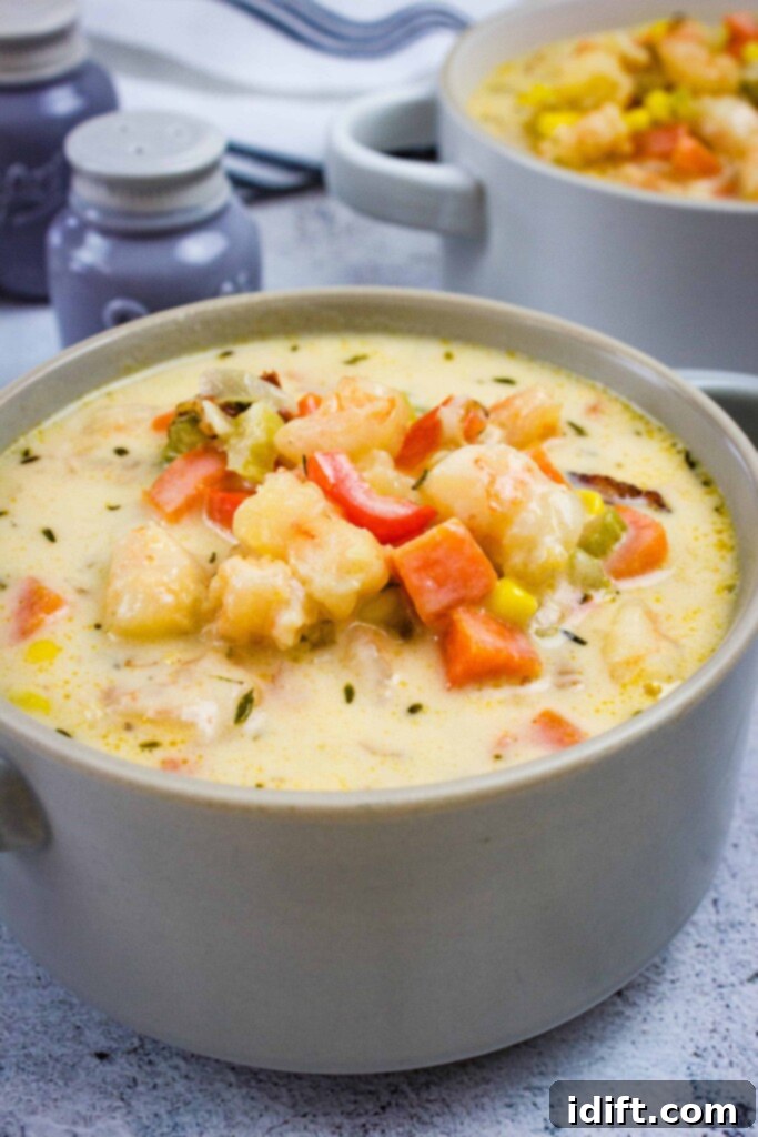Smoky Chipotle Shrimp and Corn Chowder 3 Two bowls of shrimp & corn chowder with chipotle, one in the foreground and another slightly blurred in the background, showcasing the creamy texture and colorful ingredients.