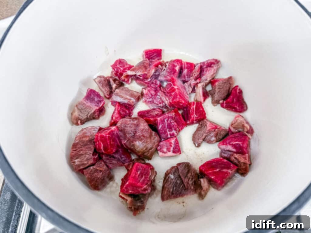 Hearty Beef Stroganoff Soup 6 Perfectly cubed raw beef sits in a white pot, seasoned and ready to be seared to a golden-brown perfection.