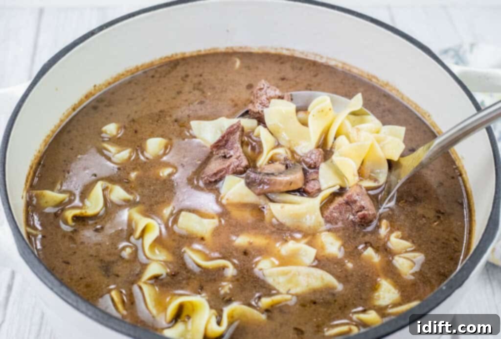 Hearty Beef Stroganoff Soup 9 A rich and hearty pot of Beef Stroganoff Soup, brimming with tender chunks of beef and wide egg noodles, bathing in a dark, savory broth, simmering to perfection.