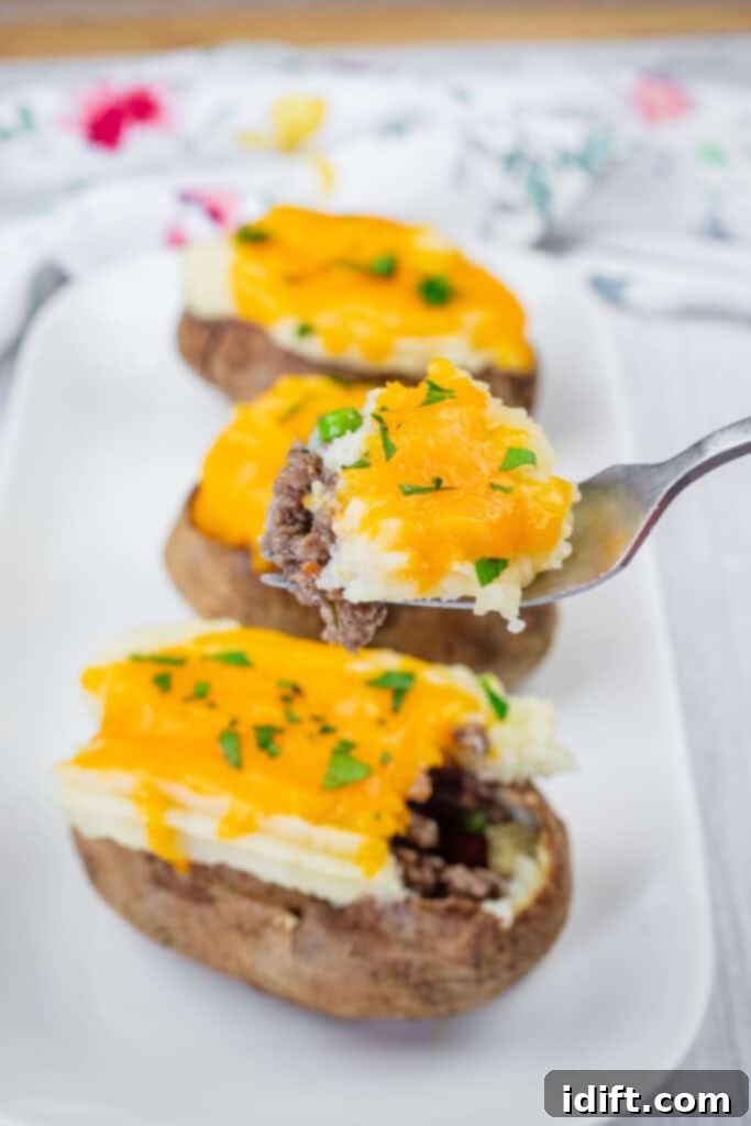 A close-up of Shepherd’s Pie Baked Potatoes topped with ground beef, melted cheddar cheese, and chopped parsley on a white plate. A fork holds a piece with all toppings.