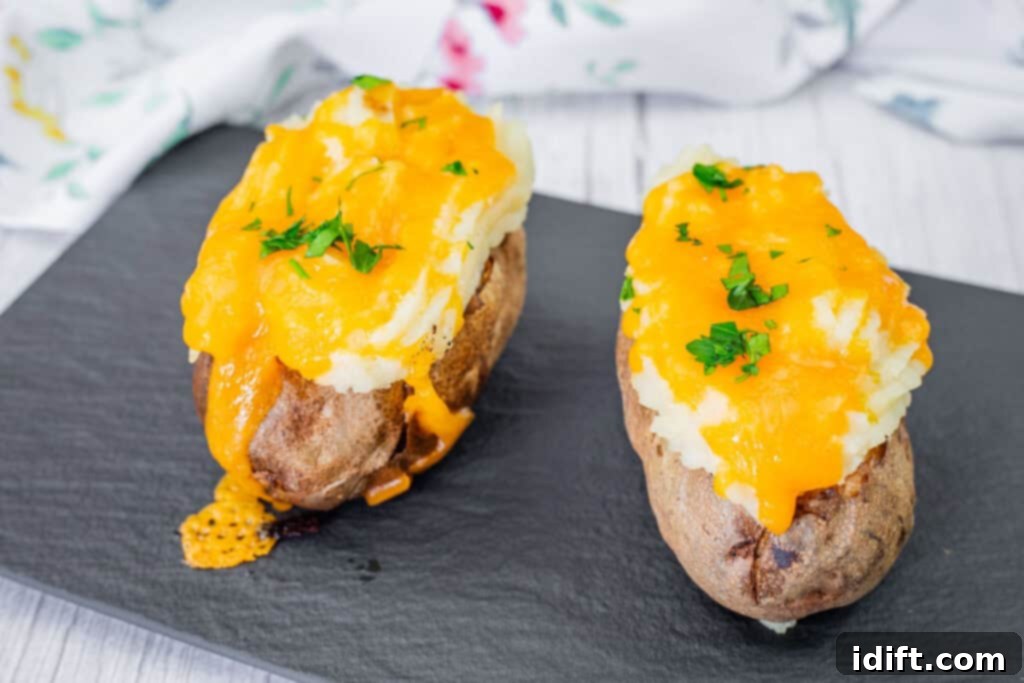 Two Shepherd’s Pie Baked Potatoes topped with melted cheddar cheese and chopped parsley on a black tray.