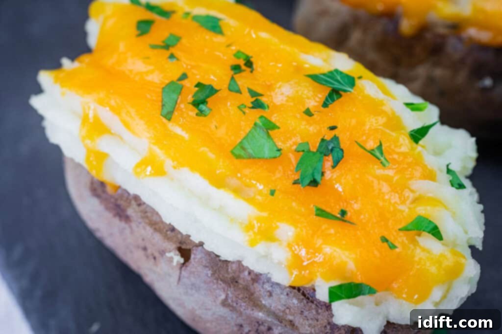 Close-up of Shepherd’s Pie Baked Potatoes topped with melted cheddar cheese and chopped parsley.