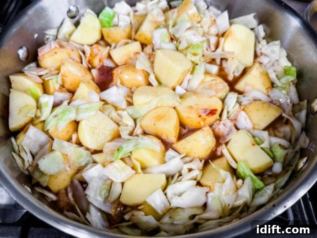 Pot with diced potatoes, cabbage, and broth, cooking on the stove.
