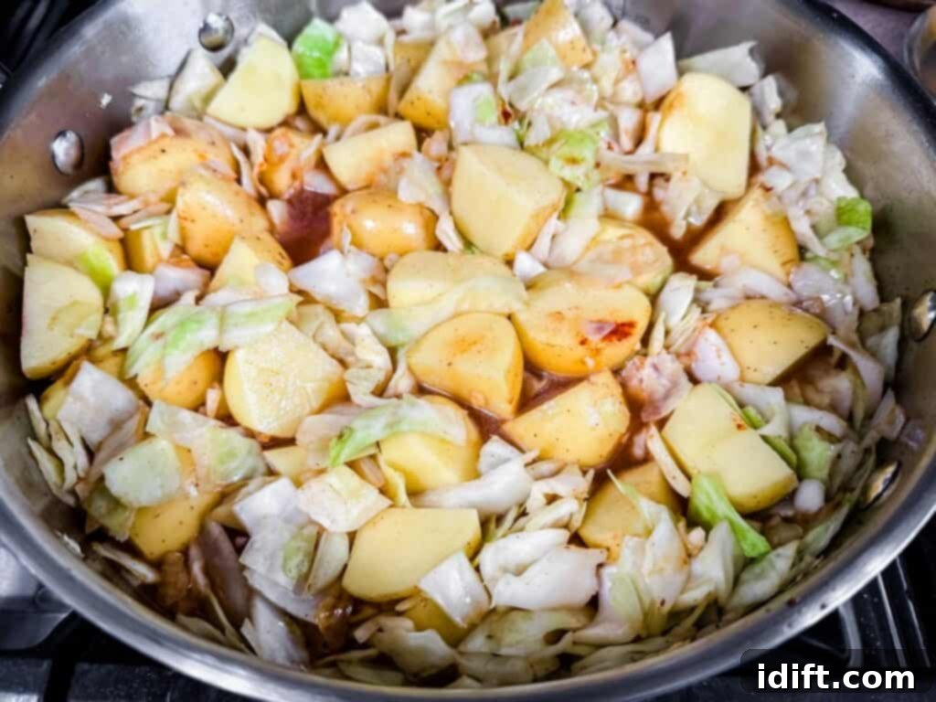Chopped cabbage and potatoes in a pot with seasoning, ready for cooking.