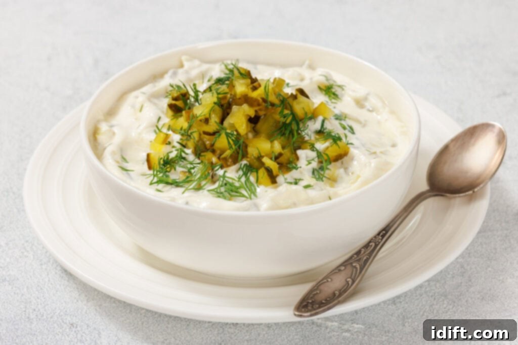 A bowl of Dill Pickle Dip with chopped pickles and dill on top, placed on a white plate. A spoon rests beside the bowl.
